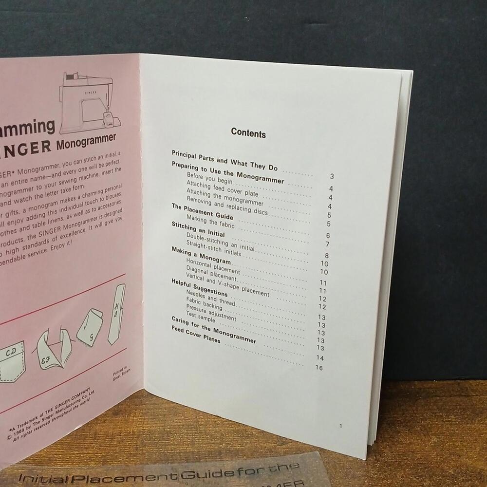 Singer Monogrammer Replacement Initial Placement Guide & Instructions - Picture 2 of 5